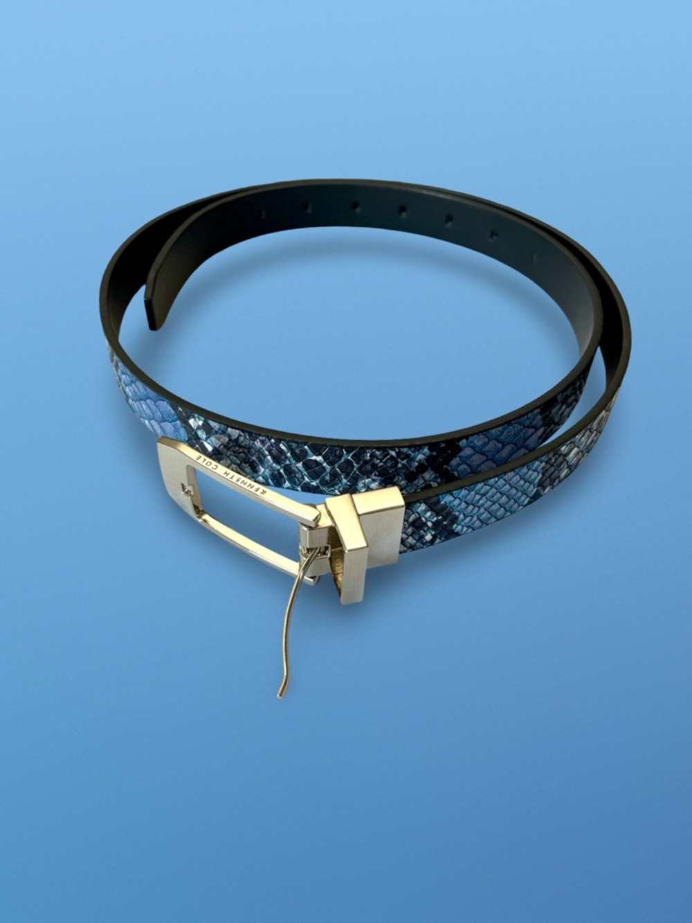 Kenneth Cole Reversible Black & Textured Blue Snakeskin Belt Swivel Buckle